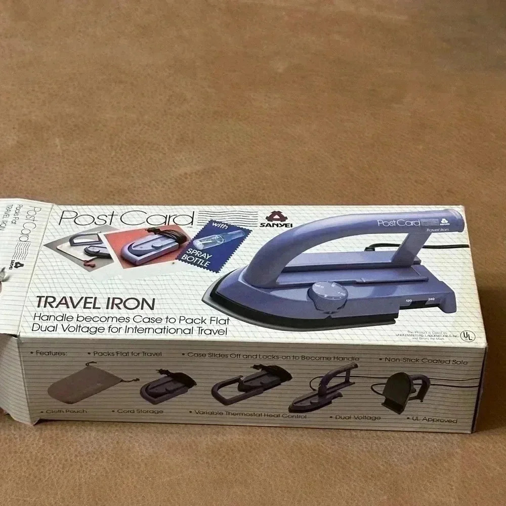 Vintage Post Card Travel Iron In Box Working Condition